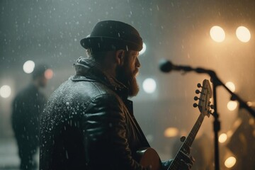 Poster - A Man With A Beard Playing A Guitar In The Rain At Night Motel Concert Photography Concert Photography Generative AI 