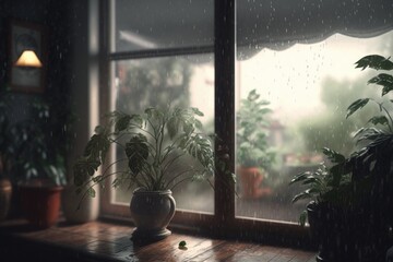Poster - A Window With A Potted Plant On A Wooden Table In Front Of It Rainforest Photorealism Environment Generative AI 