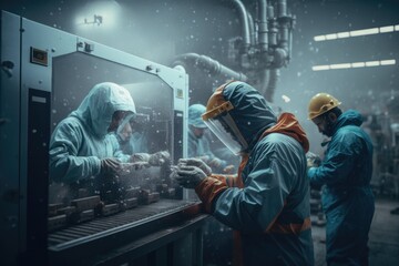 Poster - Two Workers In A Factory Working On A Machine With A Man In A Hardhat Factory Advertising Photography Industrial Photography Generative AI 