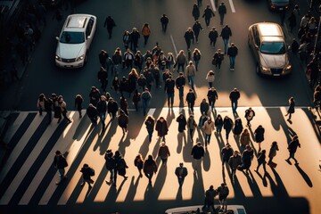 Poster - A Group Of People Walking Across A Street Next To A Cross Walk Urban Street Panoramic Photography Influencer Marketing Generative AI 