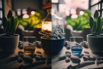 Poster - A Table With A Glass Vase And A Bottle Of Water And A Few Rocks Aquarium Stereoscopic Photography Interior Photography