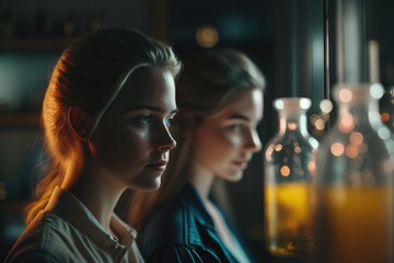 Poster - Two Women Standing Next To Each Other In Front Of A Window Distillery Advertising Photography Influencer Marketing Generative AI 