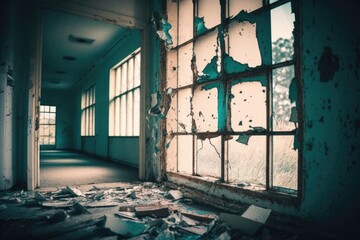 Poster - A Run Down Building With Broken Windows And Debris On The Floor Abandoned Warehouse Interior Found Object Art Facility Management Generative AI 