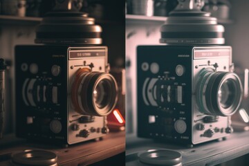 Poster - Two Old Cameras Sitting On A Shelf In A Room With Other Old Cameras Workshop Stereoscopic Photography Technical Editing Generative AI 