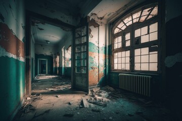 Poster - A Run Down Building With A Broken Door And Windows In It Abandoned Building Panoramic Photography Facility Management Generative AI 