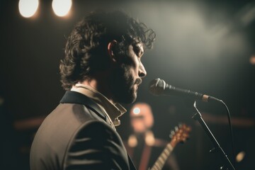 Poster - A Man With Curly Hair Is Singing Into A Microphone And A Microphone Recording Studio Concert Photography Concert Photography Generative AI 
