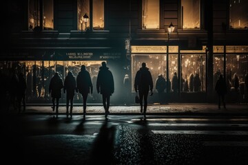 Poster - A Group Of People Walking Down A Street At Night Time In The Dark Urban Street Street Photography Urban Life Generative AI 