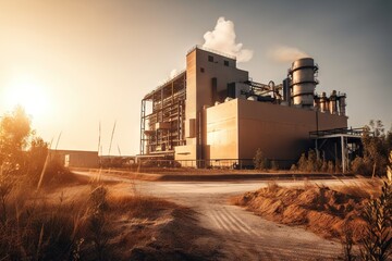 Poster - A Factory Building With A Dirt Road In Front Of It And A Sun In The Background Abandoned Factory At Sunset Long Exposure Photography Manufacturing Planning And Control Generative AI 