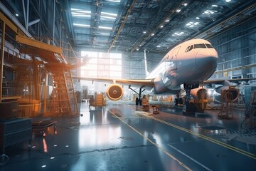 Poster - A Large Airplane Is Parked In A Hangar With A Ladder And A Fork Lift Workshop Advertising Photography Manufacturing Planning And Control Generative AI 