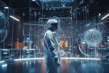 Poster - A Man In A White Jacket And A White Helmet Standing In Front Of A Glass Display Science Museum Film Making Data Analytics Generative AI 