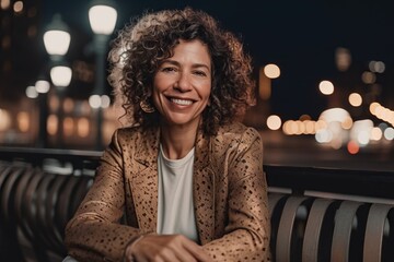 Poster - A Woman Sitting On A Bench Smiling At The Camera With A City In The Background Marina Portrait Photography Portrait Photography Generative AI 