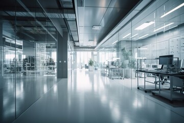 Poster - A Large Office With A Glass Wall And A Desk With A Computer Office Building Advertising Photography Manufacturing Planning And Control Generative AI 