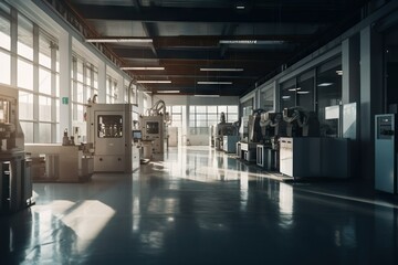 Poster - A Large Room With Machines And Windows In It's Center Factory Constructivism Manufacturing Planning And Control Generative AI 