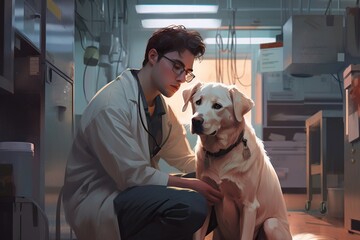 Poster - A Man In A Lab Coat Petting A Dog In A Room Hospital Photorealism Veterinary Medicine Generative AI 