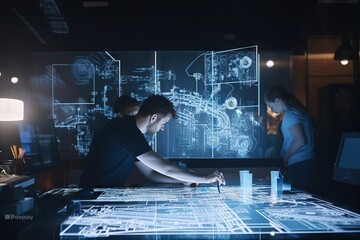Poster - A Man Is Working On A Project In A Dark Room With A Large Screen Science Museum Advertising Photography Manufacturing Planning And Control Generative AI 