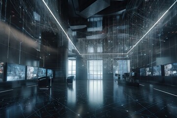 Poster - A Room With A Lot Of Tvs And A Lot Of Lights Conference Room Photorealism Smart Homes