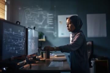 Poster - A Woman In A Headscarf Is Looking At A Computer Screen Workshop Advertising Photography Manufacturing Planning And Control