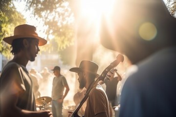 Poster - A Man With A Guitar And A Hat On Standing In Front Of A Group Of People Urban Park At Golden Hour Panoramic Photography Concert Photography Generative AI 