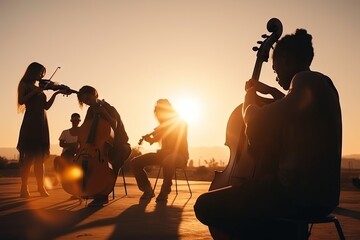 Poster - A Group Of People Playing Instruments In The Sun Setting In The Background Desert Oasis At Sunset Time-lapse Photography Instrumental Performance
