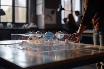 Poster - A Person Is Standing Over A Table With A Lot Of Glass Balls Aquarium Kinetic Art Architectural Design Generative AI 