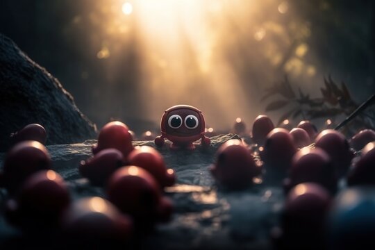 A Red Toy With Eyes Sitting In A Group Of Red Balls Orchard Macro Photography Macro Photography Generative AI 