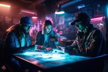 Poster - Three People Sitting At A Table Playing A Game With A Controller Arcade Advertising Photography Influencer Marketing Generative AI 
