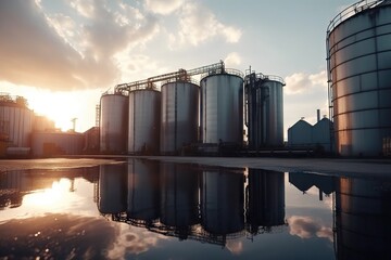 Poster - A Large Body Of Water With A Lot Of Tanks In It Grain Silo Advertising Photography Industrial Photography Generative AI 
