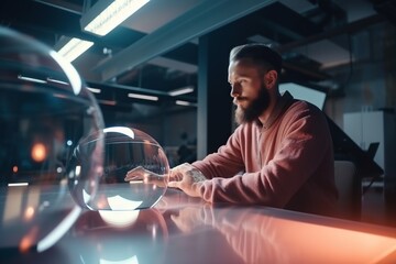 Poster - A Man Sitting At A Table Looking At A Fish Bowl In A Museum Aquarium Advertising Photography Influencer Marketing Generative AI 