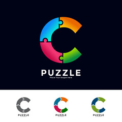 Abstract letter C puzzle pieces colorful vector logo template. Suitable for business, education, game, sticker and template