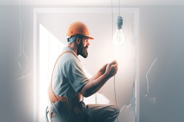 Poster - A Man In A Hard Hat Is Working On A Light Switch Construction Site Photorealism Lighting Design Generative AI 
