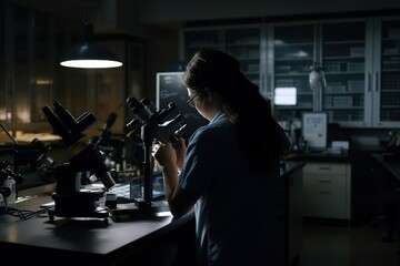 Poster - A Woman Looking Through A Microscope In A Dark Room With A Light On Workshop Advertising Photography Science Writing