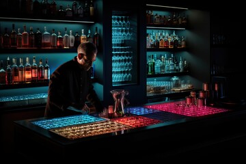 Poster - A Man In A Dark Room With A Lot Of Bottles Behind Him Distillery Advertising Photography Lighting Design
