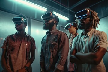 Poster - Three Men Wearing Virtual Glasses In A Room With A Mirror Behind Them Arcade Stereoscopic Photography Virtual Reality Generative AI 