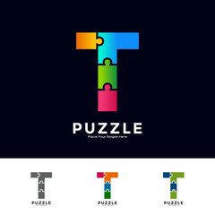 Wall Mural - Abstract letter T puzzle pieces colorful vector logo template. Suitable for business, education, game, sticker and template