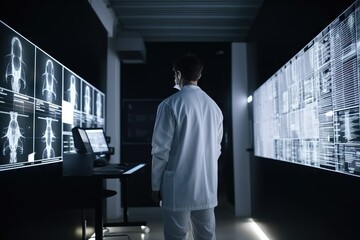 Poster - A Man In A Lab Coat Looking At A Computer Screen With Images Of Human Body Hospital Advertising Photography Medical Imaging Generative AI 