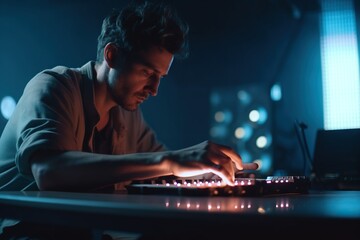 Poster - A Man Is Using A Laptop In A Dark Room With Lights Recording Studio Video Art Music Production Generative AI 