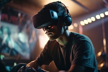 Poster - A Man Wearing A Virtual Reality Headset And Playing A Game Workshop Stereoscopic Photography Virtual Reality Generative AI 