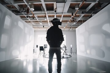 Poster - A Man Standing In A Room With A Helmet On His Head Art Museum Video Art Virtual Reality Generative AI 