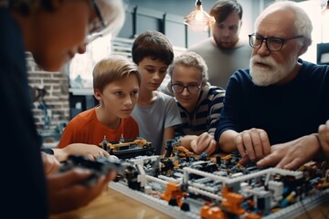 Poster - A Group Of People Playing A Game With blockss On A Table Workshop Advertising Photography Engineering Education Generative AI