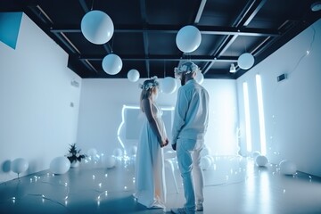 Poster - A Man And A Woman Standing In A Room With Balloons On The Ceiling Wedding Venue Video Art Virtual Reality Generative AI 