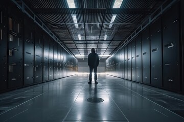 Poster - A Man Standing In A Dark Hallway Between Two Rows Of Servers Newsroom Video Art Cybersecurity Generative AI 
