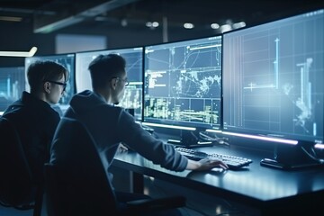 Poster - Two Men Sitting At A Desk With A Computer Screen And A Keyboard Conference Room Graphic Design Cybersecurity Generative AI 