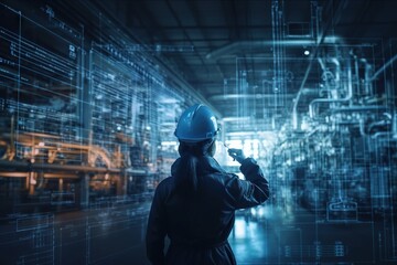 Poster - A Woman In A Hard Hat Is Looking At A Machine In A Factory Factory Advertising Photography Manufacturing Planning And Control Generative AI 