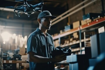 Poster - A Man Holding A Camera And A Remote Control Helicopter In A Warehouse Workshop Aerial Photography Supply Chain Optimization Generative AI 