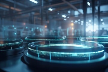 Poster - A Futuristic Looking Room With A Lot Of Round Objects In It Factory Panoramic Photography Supply Chain Optimization Generative AI 
