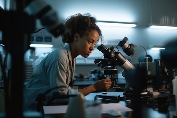 Poster - A Woman Looking Through A Microscope In A Lab With A Microscope Deep Sea Trench Stereoscopic Photography Science Writing Generative AI 