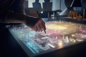 Poster - A Person Is Writing On A Model Of A City With A Pen Modern Urban Skyline Photorealism Architectural Design Generative AI 