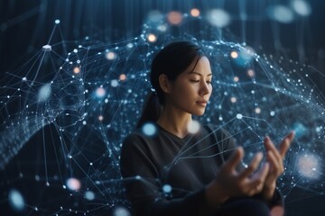 Poster - A Woman Sitting In Front Of A Digital Screen With Her Hands Together Workshop Advertising Photography Natural Language Processing Generative AI 