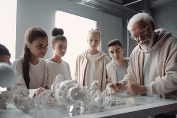 Poster - A Group Of People Standing Around A Table With A Man In A White Sweatshirt Factory Advertising Photography Robotics Engineering Generative AI 