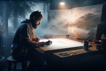 Poster - A Man Sitting At A Desk Writing On A Paper In A Dark Room Tundra Fine Art Photography Fine Art Photography